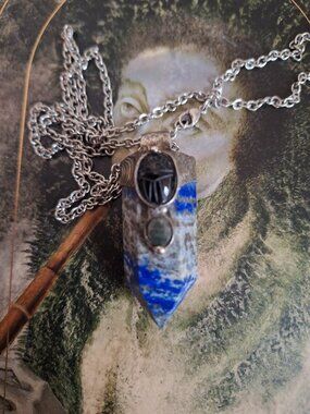 Lapis lazuli, faceted emerald and obsidian scarab necklace by Callisto Jewerly